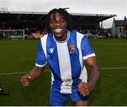 19 April 2025; Destiny Okonkwo of College Corinthians AFC celebrates at full time during the FAI Intermediate Cup final match between College Corinthians AFC and Ringmahon Rangers FC at Turners Cross Stadium in Cork. Photo by Michael P Ryan/Sportsfile