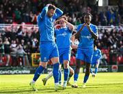 21 April 2025; Waterford players, from left, Andy Boyle, Sam Glenfield, and Navajo Bakboord after their side conceded a second goal during the SSE Airtricity Men's Premier Division match between Cork City and Waterford at Turners Cross in Cork. Photo by Seb Daly/Sportsfile