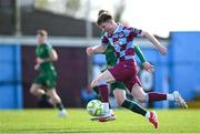 21 April 2025; Conor Kane of Drogheda United in action against Chris Forrester of St Patrick's Athletic during the SSE Airtricity Men's Premier Division match between Drogheda United and St Patrick's Athletic at Sullivan & Lambe Park in Drogheda, Louth. Photo by Shauna Clinton/Sportsfile