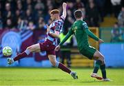 21 April 2025; James Bolger of Drogheda United in action against Zach Elbouzedi of St Patrick's Athletic during the SSE Airtricity Men's Premier Division match between Drogheda United and St Patrick's Athletic at Sullivan & Lambe Park in Drogheda, Louth. Photo by Shauna Clinton/Sportsfile