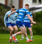 22 April 2025; Ciarán Frawley, right, and Sam Prendergast during a Leinster Rugby squad training session at UCD in Dublin. Photo by Brendan Moran/Sportsfile