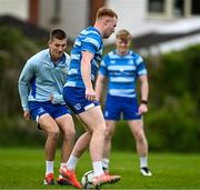 22 April 2025; Ciarán Frawley, right, and Sam Prendergast during a Leinster Rugby squad training session at UCD in Dublin. Photo by Brendan Moran/Sportsfile