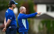 22 April 2025; Kicking coach and head analyst Emmet Farrell, right and assistant coach Tyler Bleyendaal during a Leinster Rugby squad training session at UCD in Dublin. Photo by Brendan Moran/Sportsfile