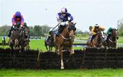 22 April 2025; Custom Taylor, with Kevin Sexton up, centre, leads Andy Amo, with Sean Flanagan up, left, who finished second, over the last on their way to winning The Irish Stallion Farms EBF Novice Handicap Hurdle Series Final on rescheduled day one of the Fairyhouse Easter Festival at Fairyhouse Racecourse in Ratoath, Meath. Photo by Shauna Clinton/Sportsfile
