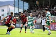 21 April 2025; Jack Byrne of Shamrock Rovers is tackled by Dayle Rooney of Bohemians during the SSE Airtricity Men's Premier Division match between Shamrock Rovers and Bohemians at Tallaght Stadium in Dublin. Photo by Stephen McCarthy/Sportsfile