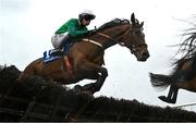 22 April 2025; Al Kalila, with Danny Gilligan up, jump the last 'first time round' during The Irish Stallion Farms EBF Novice Handicap Hurdle Series Final (Listed) on rescheduled day one of the Fairyhouse Easter Festival at Fairyhouse Racecourse in Ratoath, Meath. Photo by Shauna Clinton/Sportsfile