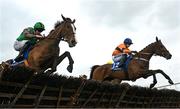 22 April 2025; Mister Frostie, with Shane Fitzgerald up, right, and Welluknow, with Daniel King up, jump the last during The Tom Quinlan Electrical Maiden Hurdle on rescheduled day one of the Fairyhouse Easter Festival at Fairyhouse Racecourse in Ratoath, Meath. Photo by Shauna Clinton/Sportsfile Photo by Shauna Clinton/Sportsfile