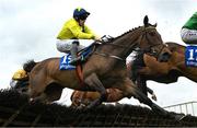 22 April 2025; Baroness Orczy, with Sean Flanagan up, jump the last 'first time round' during The Tom Quinlan Electrical Maiden Hurdle on rescheduled day one of the Fairyhouse Easter Festival at Fairyhouse Racecourse in Ratoath, Meath. Photo by Shauna Clinton/Sportsfile