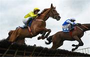 22 April 2025; Takenasred, with JJ Slevin up, left, and Power Of Words, with Danny Gilligan up, jump the last 'first time round' in The Tom Quinlan Electrical Maiden Hurdle on rescheduled day one of the Fairyhouse Easter Festival at Fairyhouse Racecourse in Ratoath, Meath. Photo by Shauna Clinton/Sportsfile