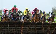 22 April 2025; A general view of runners and riders approaching the last jump 'first time round' during The RYBO Handicap Hurdle (Listed) on rescheduled day one of the Fairyhouse Easter Festival at Fairyhouse Racecourse in Ratoath, Meath. Photo by Shauna Clinton/Sportsfile
