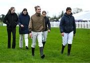 22 April 2025; Jockeys walk the track ahead of The Fairyhouse Racecourse Ladies National Handicap Steeplechase on rescheduled day one of the Fairyhouse Easter Festival at Fairyhouse Racecourse in Ratoath, Meath. Photo by Shauna Clinton/Sportsfile