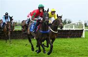 22 April 2025; Le Grand Peinture, with Jack Gilligan up, left, and American Money, with Cian Cullinan up, right, clear the last 'first time round' during The RYBO Handicap Hurdle (Listed) on rescheduled day one of the Fairyhouse Easter Festival at Fairyhouse Racecourse in Ratoath, Meath. Photo by Shauna Clinton/Sportsfile