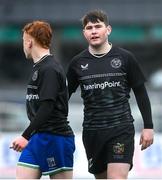 16 April 2025; Nicky Sheridan of Metro, right, speaks to team-mate Sirio Scalabrino-Noone during the BearingPoint Shane Horgan Cup Round 5 match between Metro and North Midlands at Energia Park in Dublin. Photo by Shauna Clinton/Sportsfile