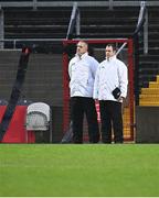 19 April 2025; Umpires Kevin Doherty, left, and Colm Smith before the Munster GAA Football Senior Championship semi-final match between Cork and Kerry at Supervalu Páirc Uí Chaoimh in Cork. Photo by Piaras Ó Mídheach/Sportsfile