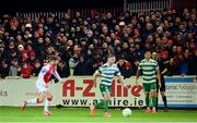 18 April 2025; Supporters on the Camac Terrace during the SSE Airtricity Men's Premier Division match between St Patrick's Athletic and Shamrock Rovers at Richmond Park in Dublin. Photo by Stephen McCarthy/Sportsfile