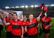 25 January 2025; An Cheathrú Rua players, from left, Colin Ó Domhnaill; Padraic Ó Loideáin, 10; Cian Breathnach, 27; and Seán Óg Ó Loideáin, 25; celebrate after the AIB GAA Football All-Ireland Junior Club Championship final match between An Cheathrú Rua of Galway and Naomh Padraig Uisce Chaoin of Donegal at Croke Park in Dublin. Photo by Stephen McCarthy/Sportsfile