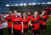 25 January 2025; An Cheathrú Rua players, from left, Colin Ó Domhnaill, 5; Padraic Ó Loideáin, 10; Cian Breathnach, 27; Micheál De Bhailís, 22; and Seán Óg Ó Loideáin, 25; celebrate after the AIB GAA Football All-Ireland Junior Club Championship final match between An Cheathrú Rua of Galway and Naomh Padraig Uisce Chaoin of Donegal at Croke Park in Dublin. Photo by Stephen McCarthy/Sportsfile