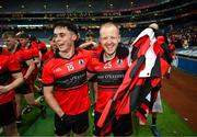 25 January 2025; Feargal Ó Sé, left, and Seán Óg Ó Loideáin of An Cheathrú Rua celebrate after the AIB GAA Football All-Ireland Junior Club Championship final match between An Cheathrú Rua of Galway and Naomh Padraig Uisce Chaoin of Donegal at Croke Park in Dublin. Photo by Stephen McCarthy/Sportsfile