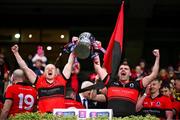 25 January 2025; An Cheathrú Rua's Seán Óg Ó Loideáin, left, and goalkeeper Séamas Ó Flatharta lift the cup following victory in the AIB GAA Football All-Ireland Junior Club Championship final match between An Cheathrú Rua of Galway and Naomh Padraig Uisce Chaoin of Donegal at Croke Park in Dublin. Photo by Stephen McCarthy/Sportsfile