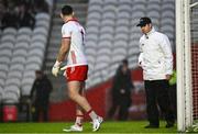 19 April 2025; Umpire Colm Smith speaking with Cork goalkeeper Míchéal Aodh Martin during the Munster GAA Football Senior Championship semi-final match between Cork and Kerry at Supervalu Páirc Uí Chaoimh in Cork. Photo by Piaras Ó Mídheach/Sportsfile