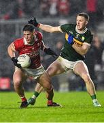 19 April 2025; Colm O'Callaghan of Cork in action against Jason Foley of Kerry during the Munster GAA Football Senior Championship semi-final match between Cork and Kerry at Supervalu Páirc Uí Chaoimh in Cork. Photo by Piaras Ó Mídheach/Sportsfile
