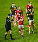 19 April 2025; Seán Brady of Cork speaks to referee Barry Tiernan before he was sent off during the Munster GAA Football Senior Championship semi-final match between Cork and Kerry at Supervalu Páirc Uí Chaoimh in Cork. Photo by Piaras Ó Mídheach/Sportsfile