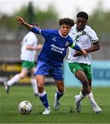 24 April 2025; Alex Vick of England in action against Alain Kizenga of Republic of Ireland during the Centenary Shield match between Republic of Ireland and England at Athlone Town Stadium in Lissywollen, Westmeath. Photo by Ben McShane/Sportsfile