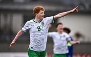 24 April 2025; Adam Brennan of Republic of Ireland celebrates after scoring his side's first goal during the Centenary Shield match between Republic of Ireland and England at Athlone Town Stadium in Lissywollen, Westmeath. Photo by Ben McShane/Sportsfile