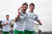24 April 2025; Jack Sweeney of Republic of Ireland celebrates with teammate Oisin Kelly, right, after scoring their side's second goal during the Centenary Shield match between Republic of Ireland and England at Athlone Town Stadium in Lissywollen, Westmeath. Photo by Ben McShane/Sportsfile