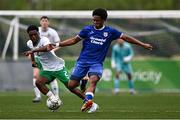 24 April 2025; Gildo DaSilva of England in action against Alain Kizenga of Republic of Ireland during the Centenary Shield match between Republic of Ireland and England at Athlone Town Stadium in Lissywollen, Westmeath. Photo by Ben McShane/Sportsfile