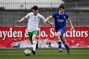 24 April 2025; Callum Lynch of Republic of Ireland in action against Patrick McGowran of England during the Centenary Shield match between Republic of Ireland and England at Athlone Town Stadium in Lissywollen, Westmeath. Photo by Ben McShane/Sportsfile