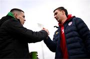 25 April 2025; Sean Boyd of Shelbourne, right, and Gary O'Neill of Shamrock Rovers before the SSE Airtricity Men's Premier Division match between Shamrock Rovers and Shelbourne at Tallaght Stadium in Dublin. Photo by Ramsey Cardy/Sportsfile