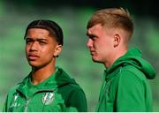 25 April 2025; Victor Ozhianvuna, left, and Michael Noonan of Shamrock Rovers before the SSE Airtricity Men's Premier Division match between Shamrock Rovers and Shelbourne at Tallaght Stadium in Dublin. Photo by Ramsey Cardy/Sportsfile