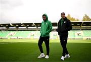 25 April 2025; Dylan Watts, left, and Graham Burke of Shamrock Rovers before the SSE Airtricity Men's Premier Division match between Shamrock Rovers and Shelbourne at Tallaght Stadium in Dublin. Photo by Ramsey Cardy/Sportsfile