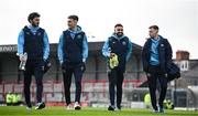 25 April 2025; St Patrick's Athletic players, from left, Luke Turner, Mason Melia, Jake Mulraney and Brandon Kavanagh before the SSE Airtricity Men's Premier Division match between Bohemians and St Patrick's Athletic at Dalymount Park in Dublin. Photo by Seb Daly/Sportsfile