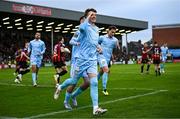 25 April 2025; Chris Forrester of St Patrick's Athletic celebrates after scoring his side's first goal, from a penalty, during the SSE Airtricity Men's Premier Division match between Bohemians and St Patrick's Athletic at Dalymount Park in Dublin. Photo by Seb Daly/Sportsfile