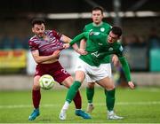 25 April 2025; Shane Griffin of Cobh Ramblers in action against Patrick Ferry of Finn Harps during the SSE Airtricity Men's First Division match between Cobh Ramblers and Finn Harps at St Colman's Park in Cobh, Cork. Photo by Michael P Ryan/Sportsfile
