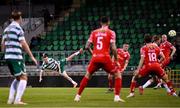 25 April 2025; Jack Byrne of Shamrock Rovers watches a shot at goal during the SSE Airtricity Men's Premier Division match between Shamrock Rovers and Shelbourne at Tallaght Stadium in Dublin. Photo by Ramsey Cardy/Sportsfile