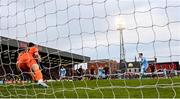 25 April 2025; Chris Forrester of St Patrick's Athletic scores his side's first goal, from a penalty, past Bohemians goalkeeper Kacper Chorazka, during the SSE Airtricity Men's Premier Division match between Bohemians and St Patrick's Athletic at Dalymount Park in Dublin. Photo by Seb Daly/Sportsfile