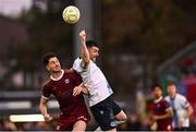 25 April 2025; Ryan Brennan of Drogheda United in action against Patrick Hickey of Galway United during the SSE Airtricity Men's Premier Division match between Galway United v Drogheda United at Eamonn Deacy Park in Galway. Photo by Piaras Ó Mídheach/Sportsfile