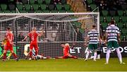 25 April 2025; Daniel Cleary of Shamrock Rovers scores his side's second goal during the SSE Airtricity Men's Premier Division match between Shamrock Rovers and Shelbourne at Tallaght Stadium in Dublin. Photo by Ramsey Cardy/Sportsfile