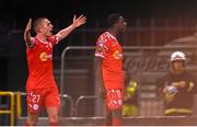 25 April 2025; Mipo Odubeko of Shelbourne celebrates with team-mate Evan Caffrey, left, after scoring their side's second goal during the SSE Airtricity Men's Premier Division match between Shamrock Rovers and Shelbourne at Tallaght Stadium in Dublin. Photo by Ramsey Cardy/Sportsfile