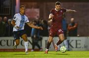 25 April 2025; Garry Buckley of Galway United in action against Douglas James-Taylor of Drogheda United during the SSE Airtricity Men's Premier Division match between Galway United v Drogheda United at Eamonn Deacy Park in Galway. Photo by Piaras Ó Mídheach/Sportsfile