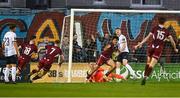 25 April 2025; Moses Dyer of Galway United, centre, celebrates scoring his side's second goal during the SSE Airtricity Men's Premier Division match between Galway United v Drogheda United at Eamonn Deacy Park in Galway. Photo by Piaras Ó Mídheach/Sportsfile