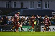 25 April 2025; Moses Dyer of Galway United, second from right, celebrates after scoring his side's second goal in the SSE Airtricity Men's Premier Division match between Galway United v Drogheda United at Eamonn Deacy Park in Galway. Photo by Piaras Ó Mídheach/Sportsfile