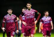 25 April 2025; Cobh Ramblers players Luka Le Bervet, left, and Shane Griffin after their side's victory in the SSE Airtricity Men's First Division match between Cobh Ramblers and Finn Harps at St Colman's Park in Cobh, Cork. Photo by Michael P Ryan/Sportsfile