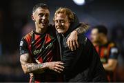 25 April 2025; Bohemians players Rob Cornwall, left, and goalkeeper James Talbot after their side's victory in the SSE Airtricity Men's Premier Division match between Bohemians and St Patrick's Athletic at Dalymount Park in Dublin. Photo by Seb Daly/Sportsfile