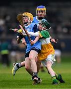 19 April 2025; Rory Slattery, Star of the Sea, Boys National School, is tackled by Sean Condron, Scoil Shinchill Killeigh, Offaly during the Cumann na mBunscol Náisiúnta game at half time in the Leinster GAA Hurling Senior Championship Round 1 match between Dublin and Offaly at Parnell Park in Dublin. Photo by Ray McManus/Sportsfile