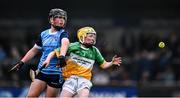 19 April 2025; Matthew Carey, Killeen National School, Birr, Offaly, in action against Sonny Burke, Ballyroan Boys National School, Dublin, during the Cumann na mBunscol Náisiúnta game at half time in the Leinster GAA Hurling Senior Championship Round 1 match between Dublin and Offaly at Parnell Park in Dublin. Photo by Ray McManus/Sportsfile
