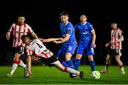 25 April 2025; Kyle White of Waterford in action against Ciaran Harkin of Derry City during the SSE Airtricity Men's Premier Division match between Waterford and Derry City at the Regional Sports Centre in Waterford. Photo by Tyler Miller/Sportsfile